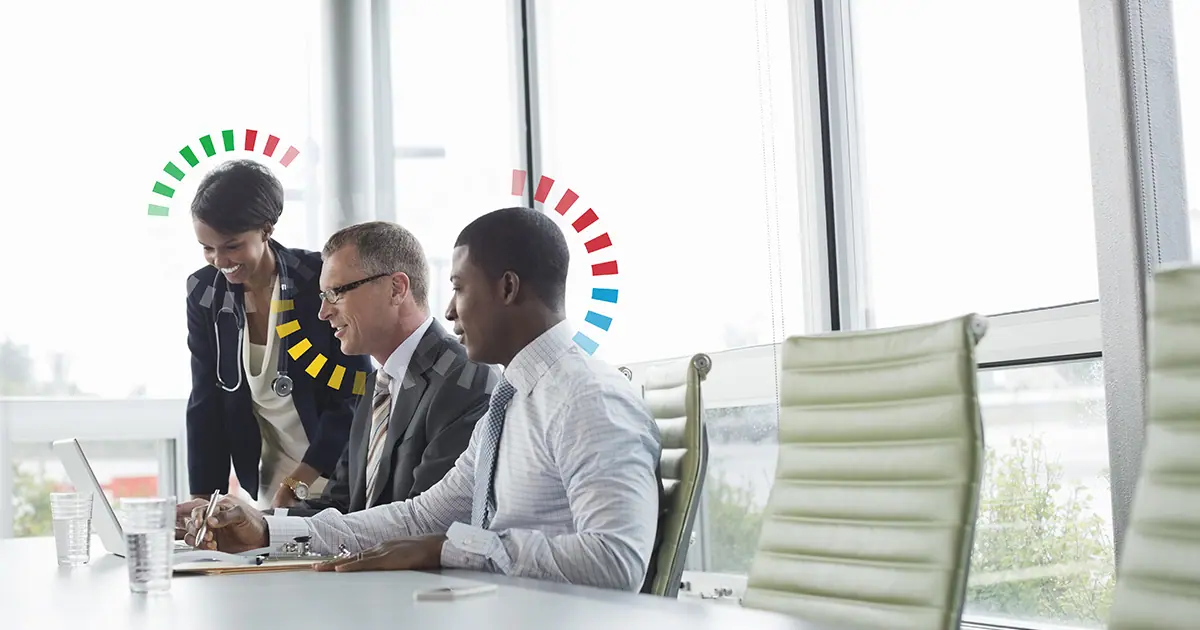 Professionals collaborating in modern office setting.